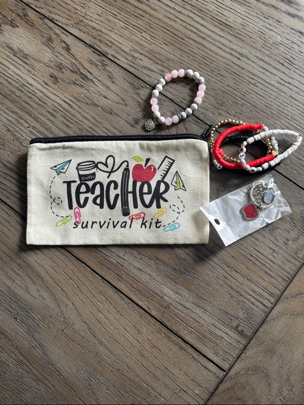 Teacher Gift Bundle- Survival Kit Canvas Pouch - Cream, keychain, five bracelets